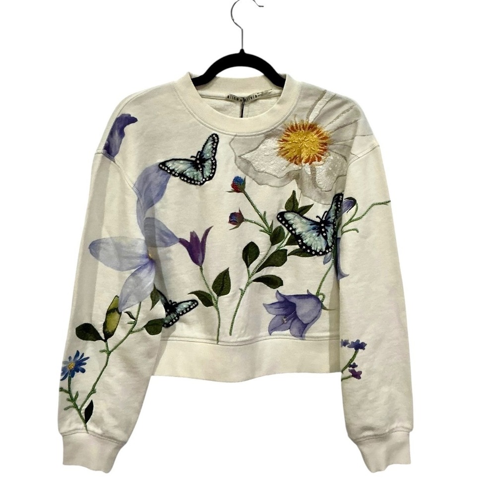 Alice + Olivia Russell Embellished Crewneck Sweatshirt Off White Size XS - Picture 6 of 15